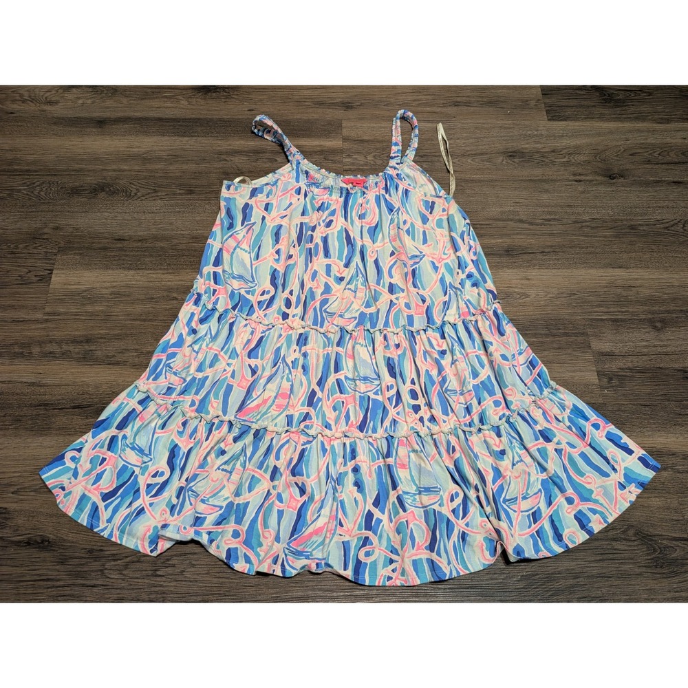 Lilly Pulitzer Loro Swing‎ Dress Skim Blue Reel Nautica Tiered Dress Size Large